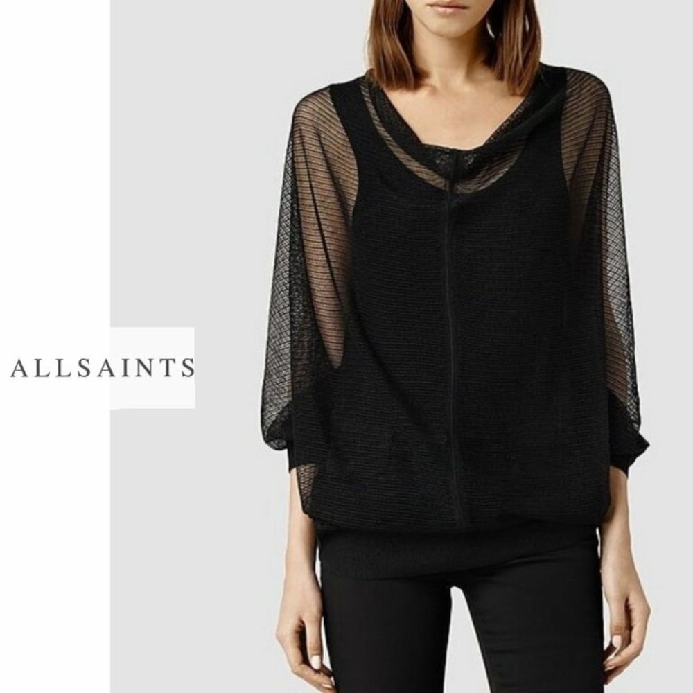 🖤 AllSaints Elgar Lev Cowl Sheer Mesh Top – XS – EUC – Draped Grunge Aesthetic